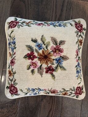 Vintage wool needlepoint pillow, cream w/pink/blue flowers, velvet back, 11x11”